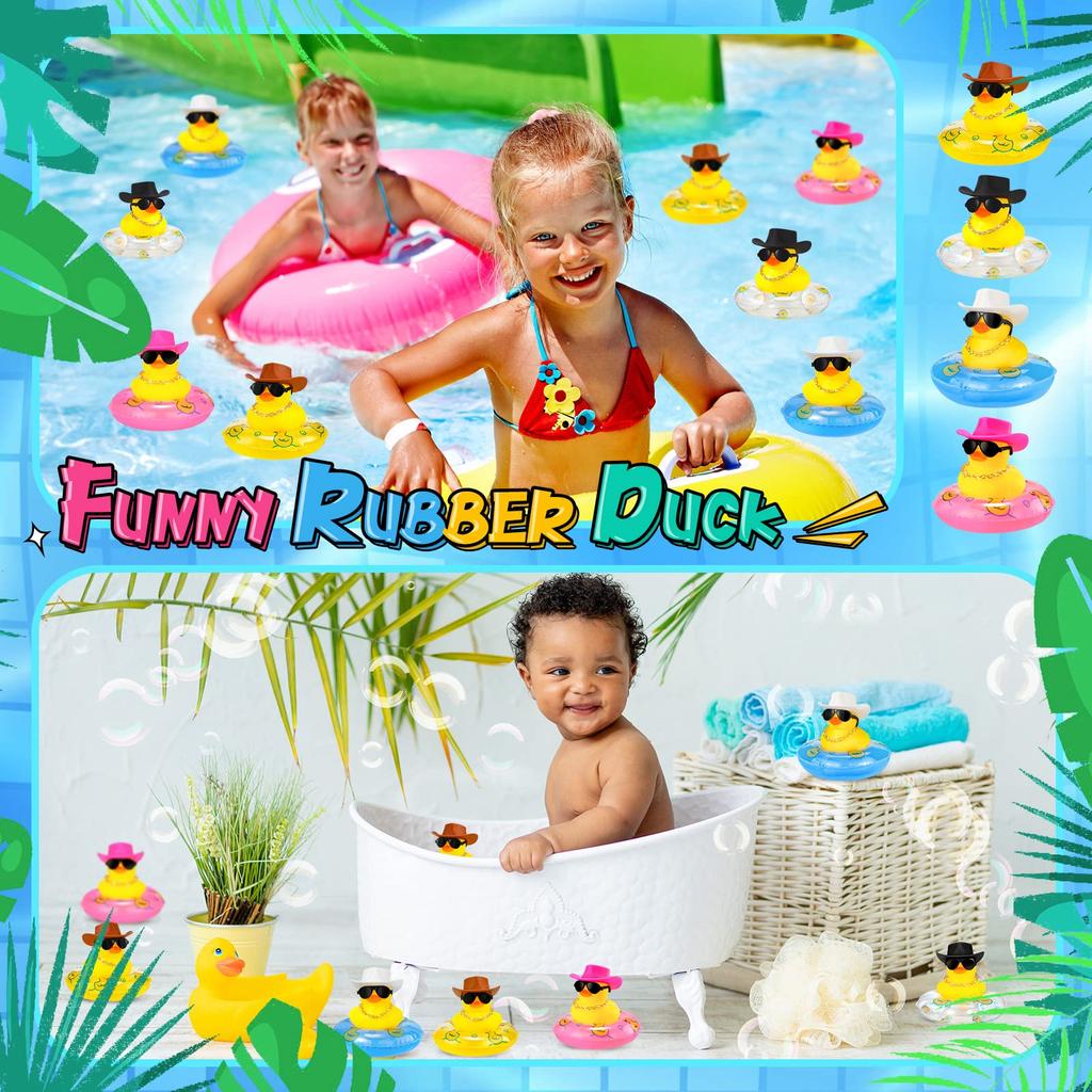 6-60 Set Cowboy Rubber Duck Bulk Mini Car Yellow Duckies Bath Toys Party Favor With Mini Hat Swim Circle Necklace Sunglasses