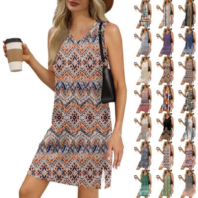 Women's V-neck Summer Casual Beach Vacation Women's Sleeveless Vintage Print Sundress