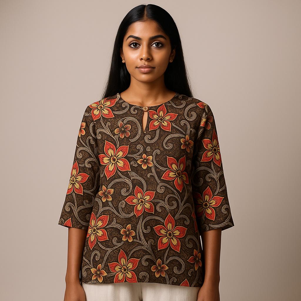 

Vintage Casual Blouse, For Women, Stretch Hemp, Floral Print, Round Neck, Three-Quarter Sleeves, Elegant Loose Top 5XL чорний