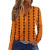 Women's Long Sleeve V-Neck T-Shirt with Button and Halloween Print Casual Top
