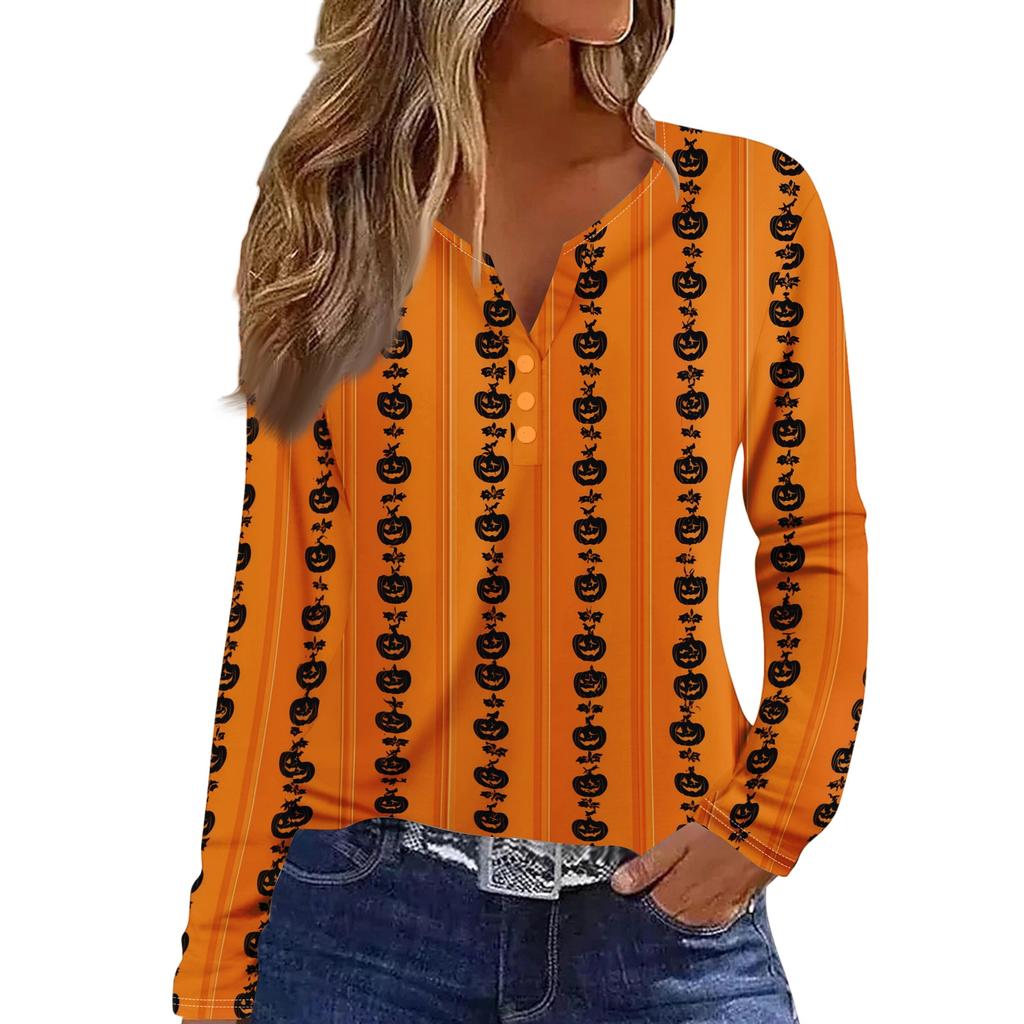 Women's Long Sleeve V-Neck T-Shirt with Button and Halloween Print Casual Top