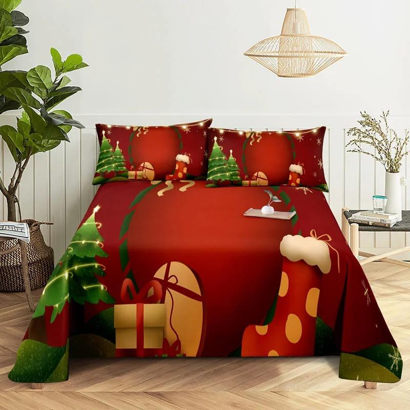 Merry Christmas Bed Sheet Set with Pillowcase 3D Print Santa Claus Home Decor New Year King Queen Full Size Red Bed Flat Sheet
