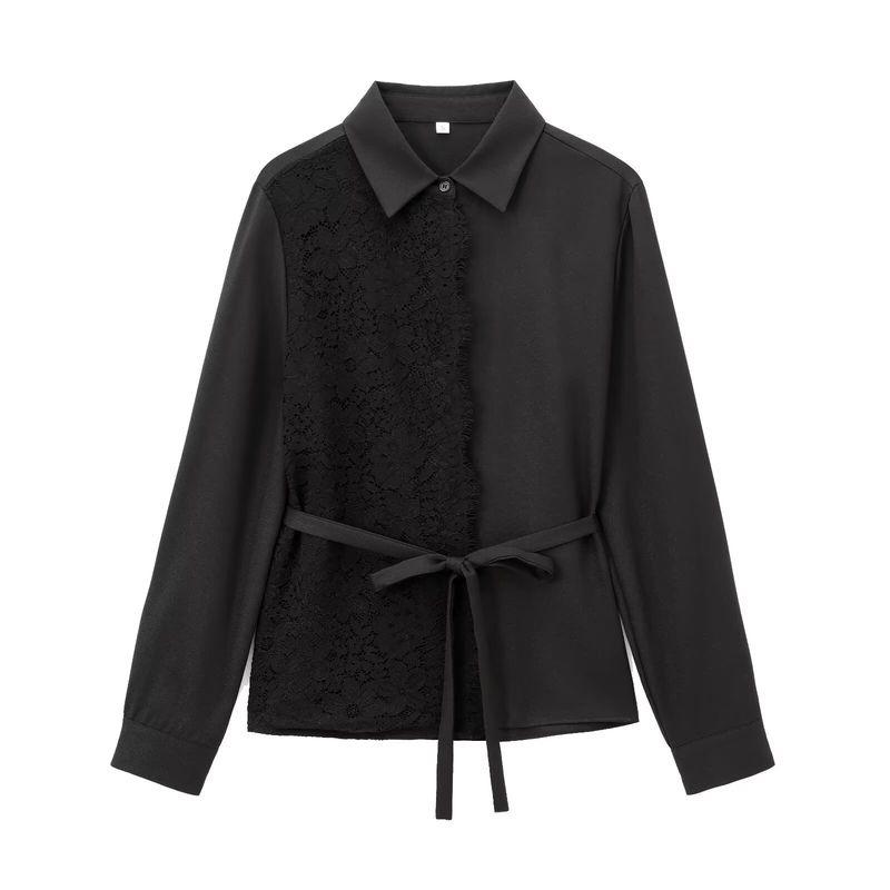 Kaslead New Arrival Women's Clothing Fashion Style Fashion All-Match Color Matching Lace Long Sleeves Lapel Shirt 9372572