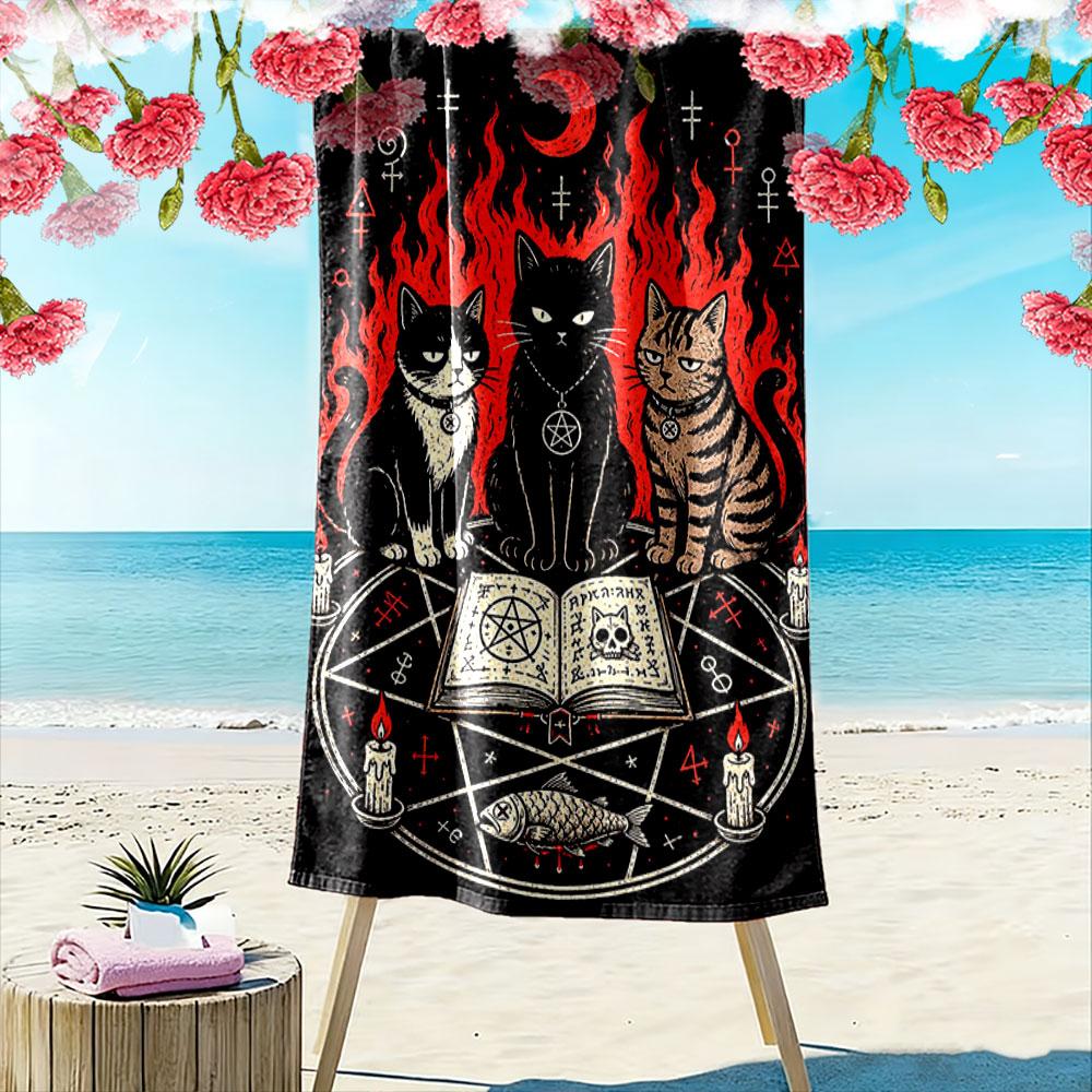 Mystical Feline Inferno Enchantment Print Beach Towel, Quick Drying, Suitable for Travel, Outdoor Sports, Jogging, the Beach and Swimming, Gift