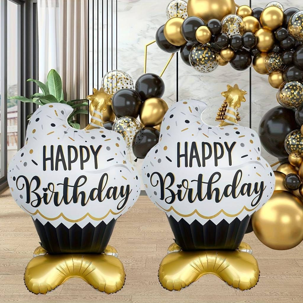 1pc Large Standing Black Golden Candle Cupcake-Shaped Aluminum Foil Balloon with Happy Birthday Letter Birthday Party Decoration