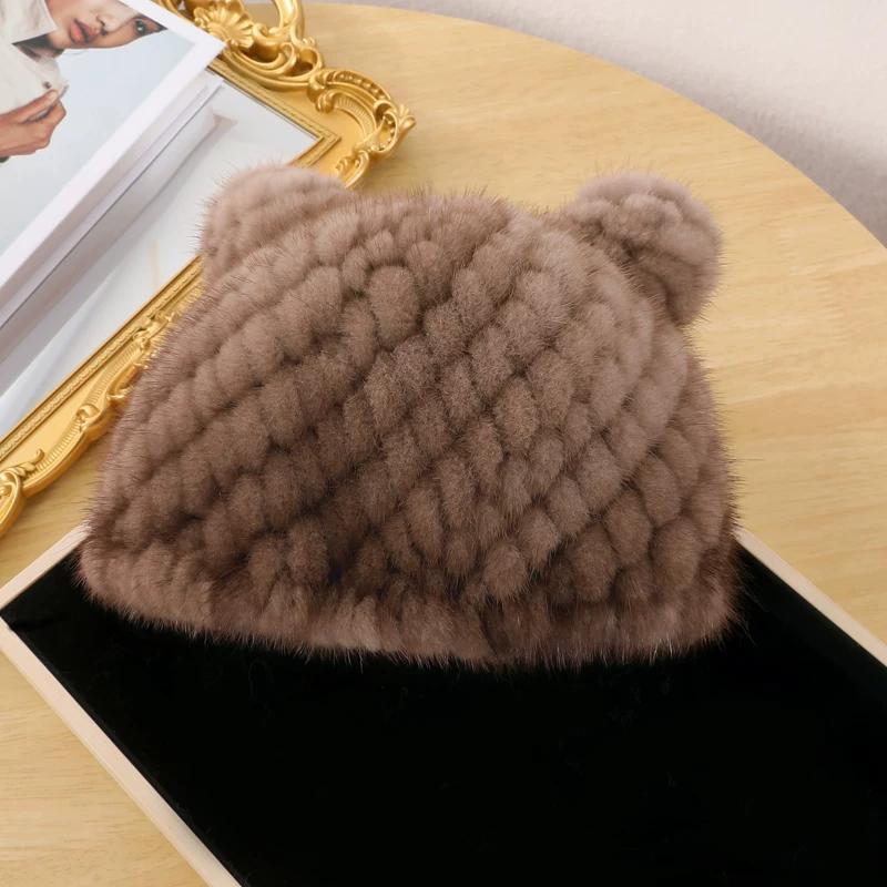 New Mink Hair Hat Warm Woven Wool Fox Hair Ball Cute Mickey Hat Fur Milliner Autumn and Winter