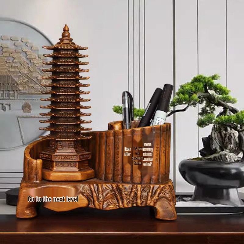 Wenchang Pagoda Pen Holder: Thirteen-Story Wood Grain Craft for Students, Perfect Back-to-School Desktop Ornament