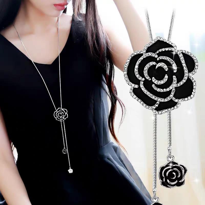High-Quality Black Rose Necklace: Elegant Long Sweater Chain for Women