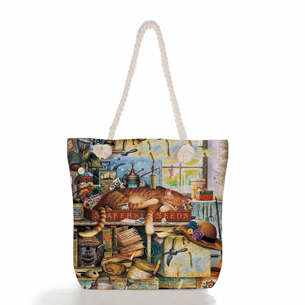 Cute Cat Print Thick Rope Single-shoulder Beach Bag 7211