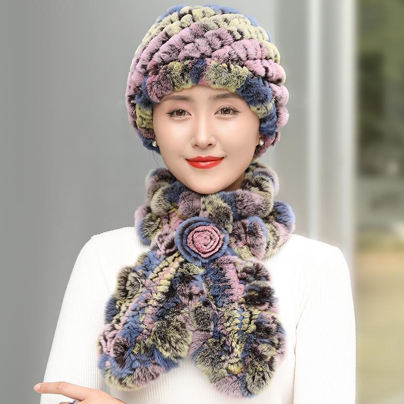 Women Real Rex Rabbit Fur Hat Scarf Set Thickened Warm Winter Rabbit Hat Scarves 2 Pieces For Girls Fashion Outdoor Fur Scarves