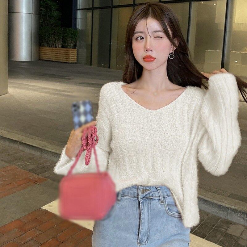 Autumn Mohair V-neck Sweater For Women Mohair Solid Color Casual Loose Soft Femme Tops Chic Hollow Out Pullovers