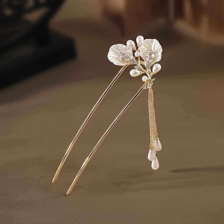 Flower hairpin, pearl and green bead tassel hair accessory, exquisite new Chinese style hair accessory hairpin