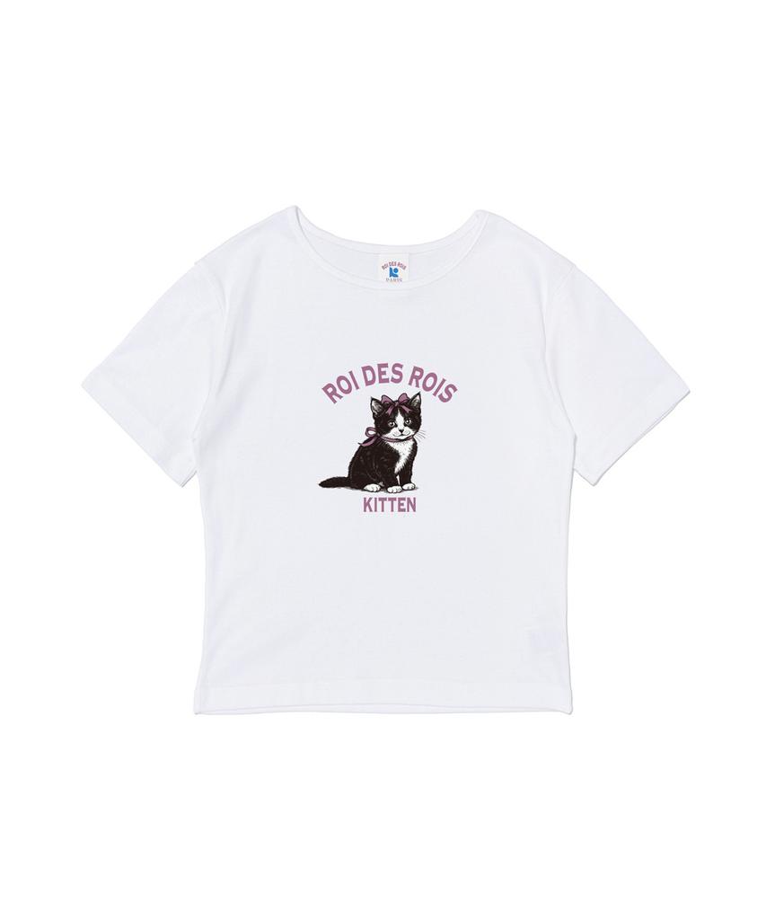 ROIDESROIS Kitten Cat Print Crop Short Sleeve T-Shirt (White)