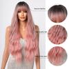 HAIRCUBE Long Wavy Pink Ombre Synthetic Wig with Bangs Natural Hairline Wig for Women Cosplay Daily Party Heat Resistant Hair