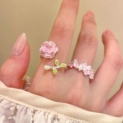 2026 Romantic Pink Drop Oil Camellia Opening Rings for Women Girls Fresh and Sweet Fine Zircon Rings Party Jewelry Accessories