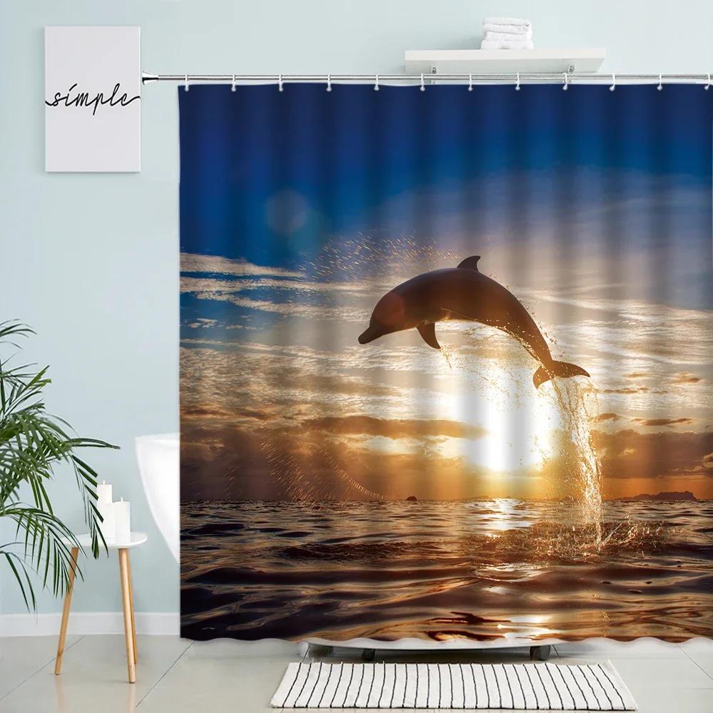 Dolphin Shark Shower Curtain Coral Tropical Fish Sea Turtle Underwater World Landscape Modern Children Bathroom Curtains Decor