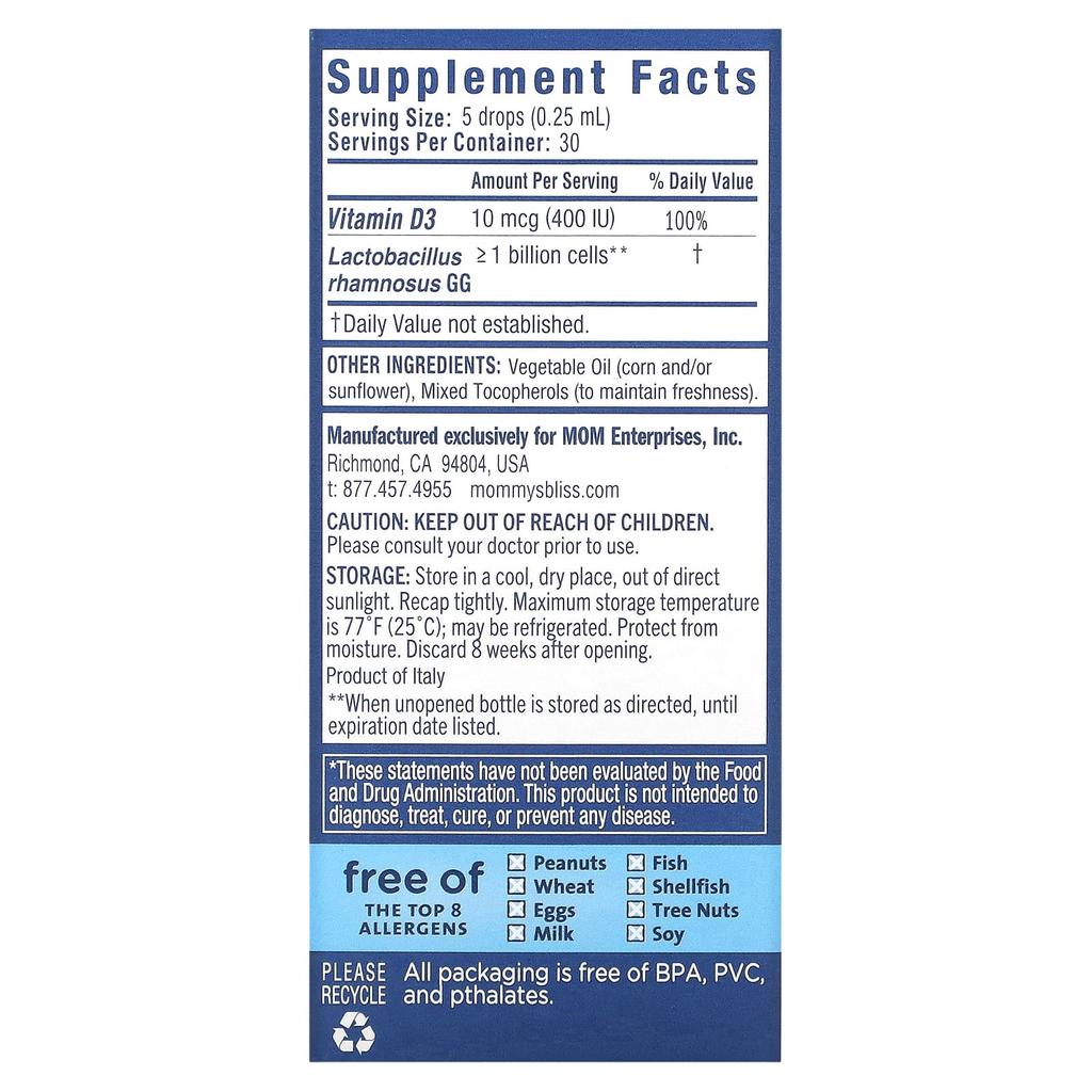 Mommy's Bliss, Probiotic Drops + Vitamin D, .34 fl oz (10 ml)
