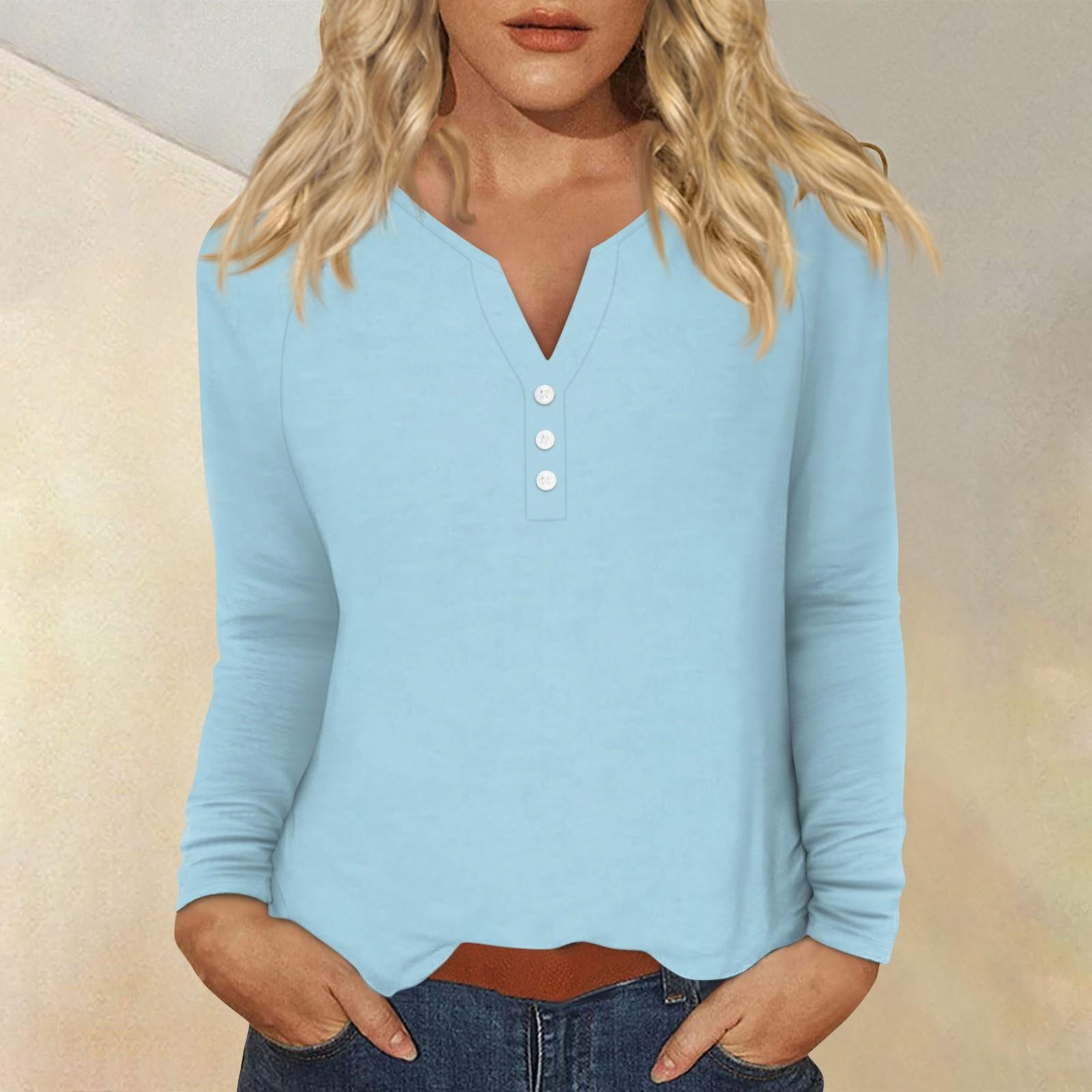 

Жіноча модна повсякденна футболка з V-подібним вирізом і довгими рукавами на гудзиках L