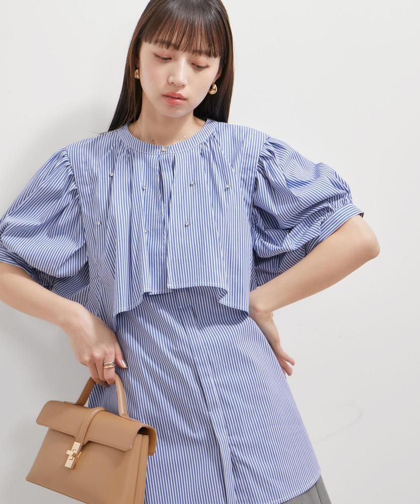 Washable Rhinestone Shirt Tunic Sax [BIS] Blouse, Women's, (48)