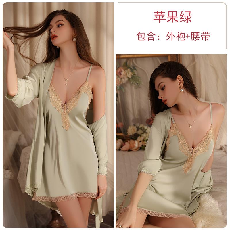 Women's Lace Push Up Padded Backless Cami Sleep Dress with Tie Robe Lounge Set