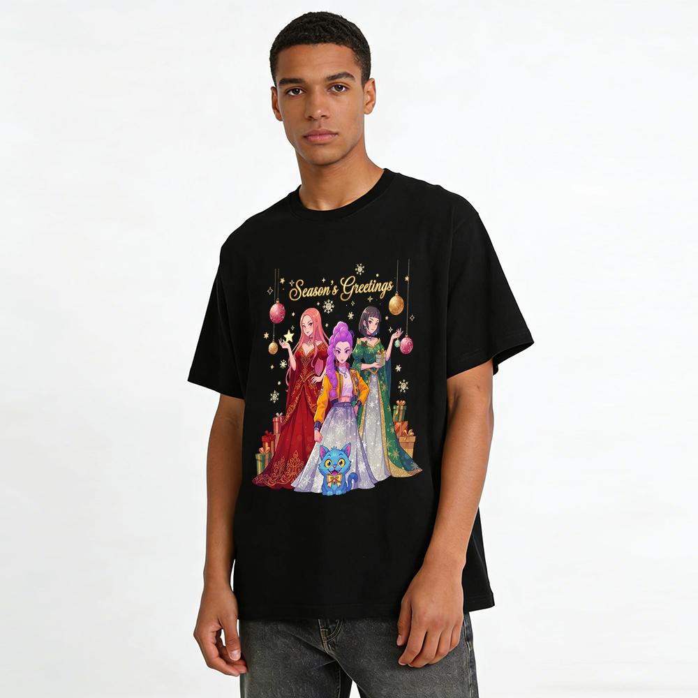 Saisonale Grüße Anime-Mädchen Print Top Festliches Cartoon-Katzenmuster Lässiges Basic-Shirt Reines Baumwoll-T-Shirt