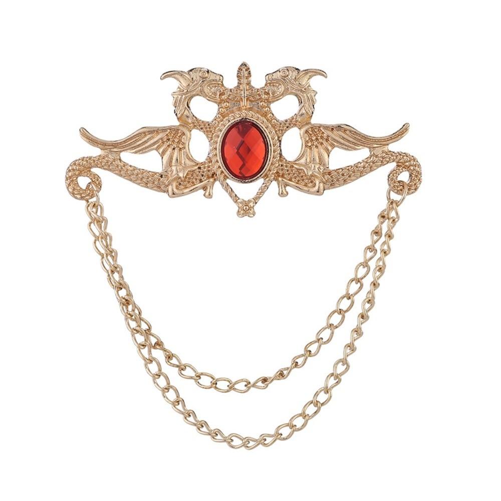 Rhinestone Chinese Dragon Tassel Brooch Tassel Chain Suit Lapel Pin Temperament Men Brooch  Gift Gold Red 6.8cm