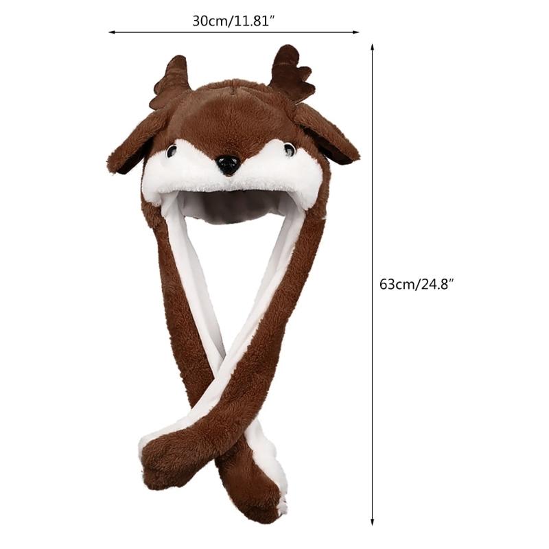 Plush Animal Hat Winter Warm Beanie with Long Ear Flaps Cute Elk with Moving Ears Christmas Gift for Teens Boys Girls