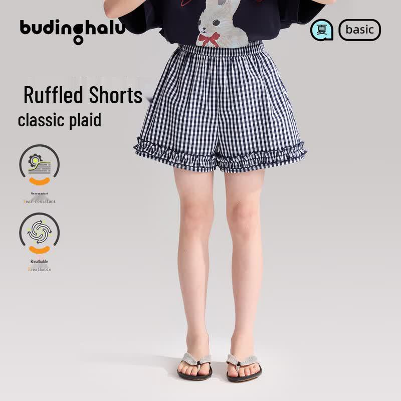 Girls  Sweet Plaid Ruffle Trim Shorts 110