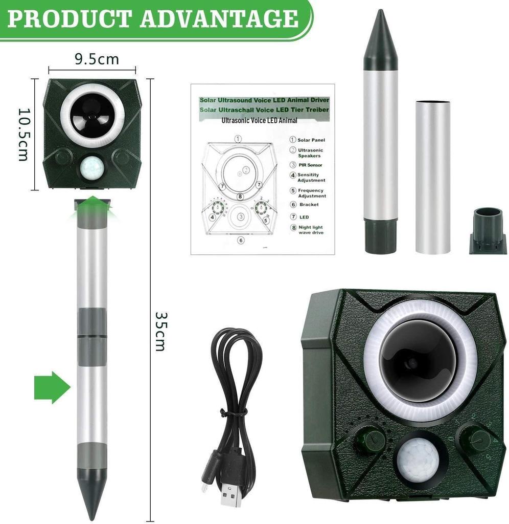 Ultrasonic Dog, Bird, and Mouse Repeller: Solar-Powered, Waterproof, USB Charging, with Voice Feature