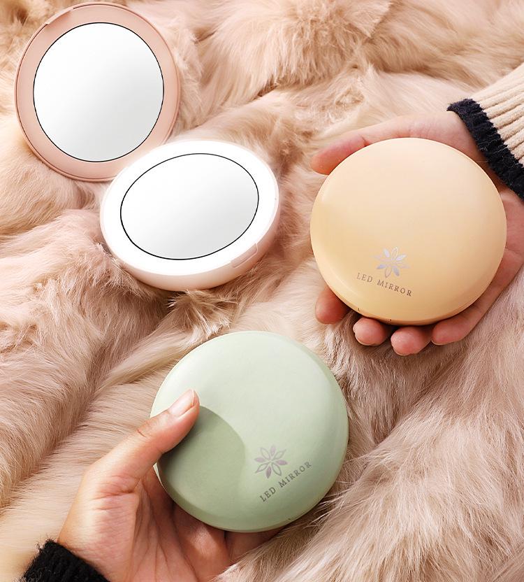 Portable USB-Charging LED Makeup Mirror: Double-Sided Folding Hand Warmer with Light & Magnification