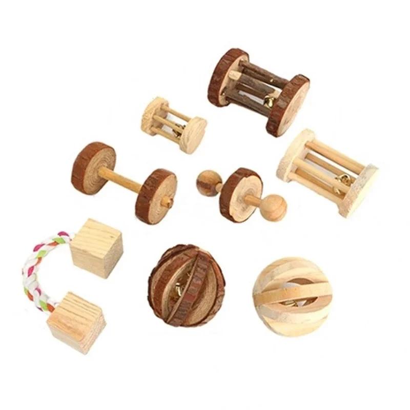 Rabbits Cute Natural 1pc Wooden Toys Pine Dumbbells Unicycle Bell Roller Chew Toys For Guinea Pig Rat Small Pet Molars Supplies