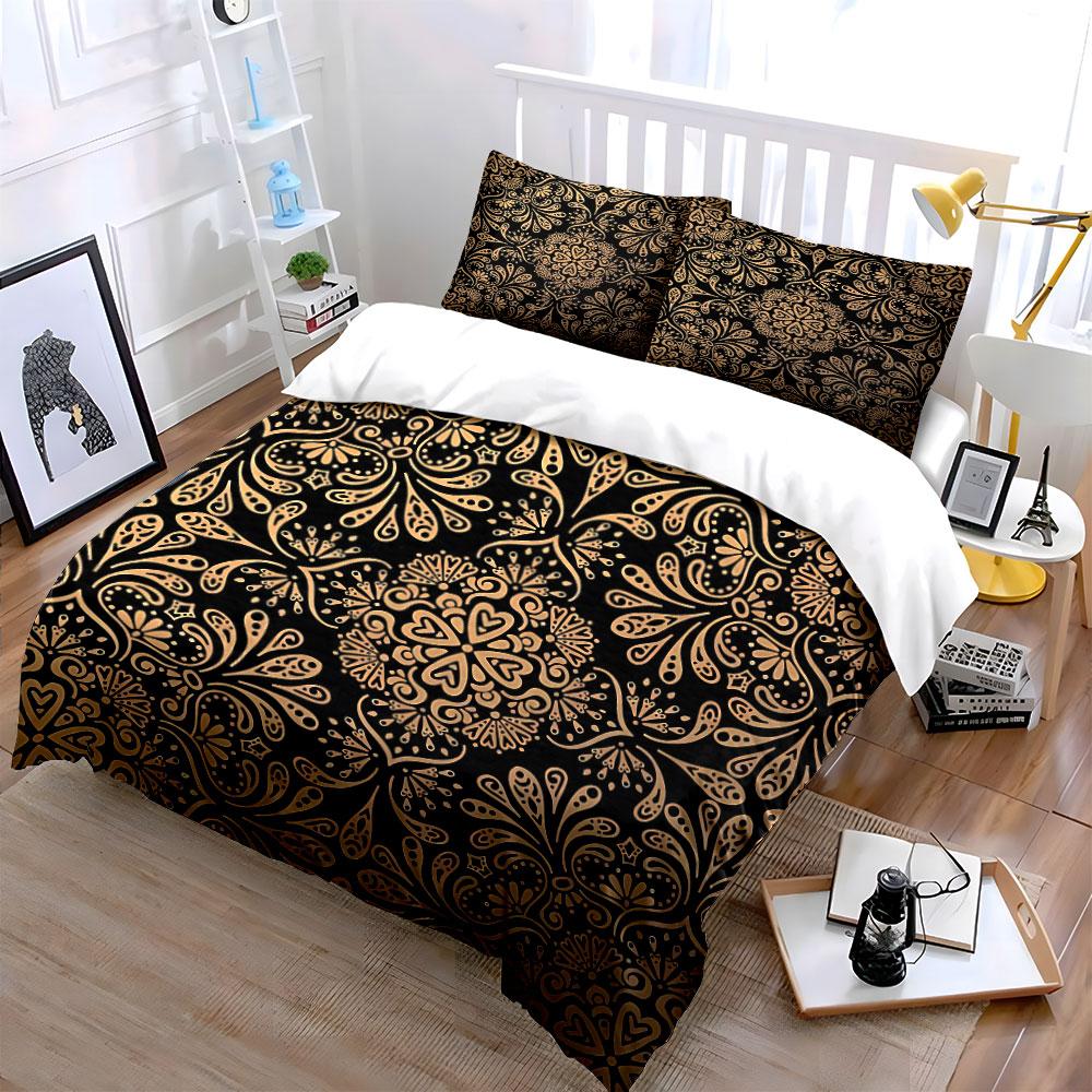3Pcs Gold Damask Vintage Floral Duvet Cover Set Black Luxury Baroque Bedding Includes 1 Duvet Cover And 2 Pillowcase Gift