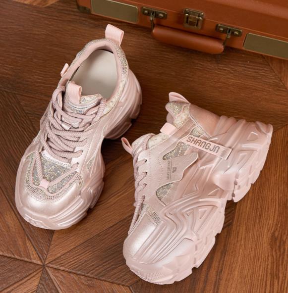 Fashion 9CM High Platform Mesh Microfiber Leather Sneakers Leisure Sports Shoes Women's Vulcanize Shoes Bling Rhinestones Shiny Sneakers