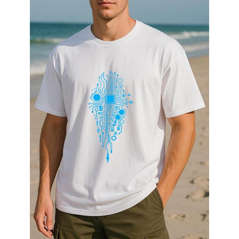 European sizes Blue Technology Circuit Diagram Men's Printed Short-sleeved Shirt, Medium Elasticity and Fashionable Style