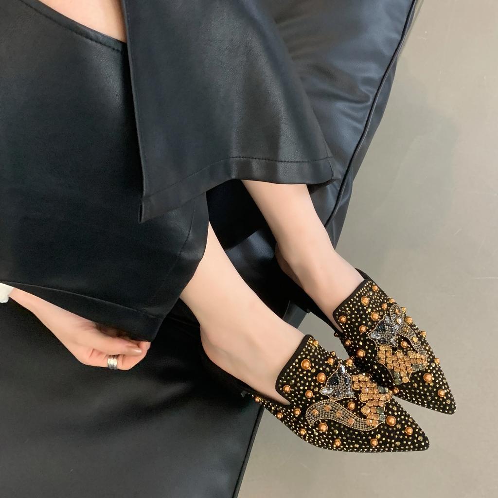 Summer Suede Rivets Rhinestone Fox Ladies Slippers Women Luxury Designer Shoes Comfortable Slippers Sandals Mules