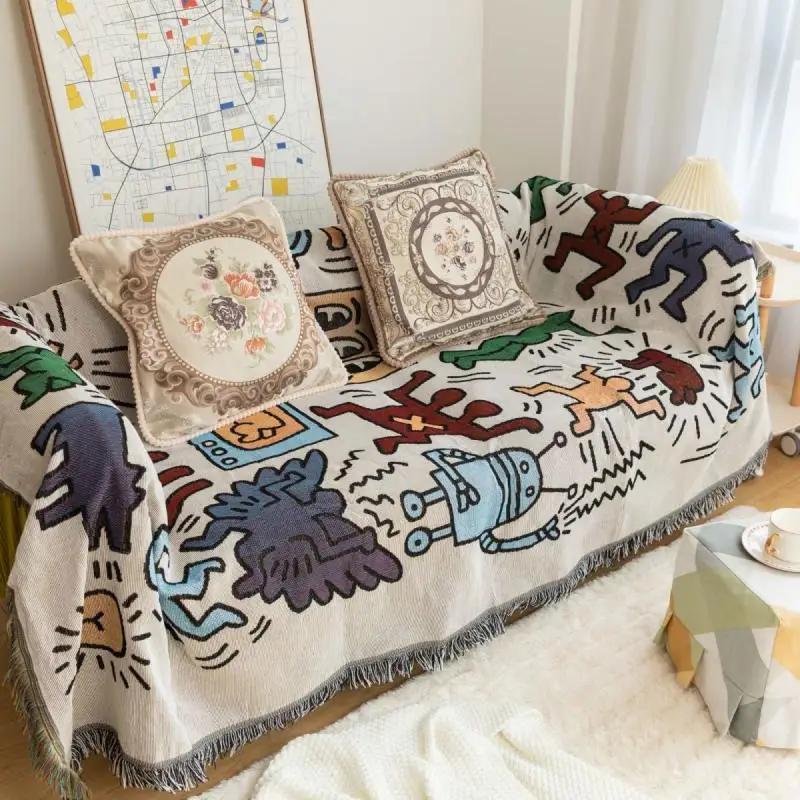 New Graffiti Colored Tassel Edge Sofa Towel Simple Anti Slip Thick Cover Blanket Seasonal Universal Couch Decoration Dust Covers