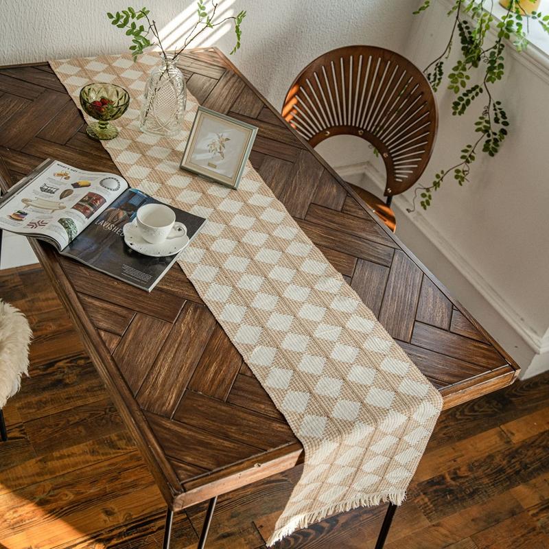 

American Style Cotton Linen Splicing Woven Fringe Table Flag Farmhouse Home Dining Room Long Strip Decoration Table Runner 30x50cm(Placemat)