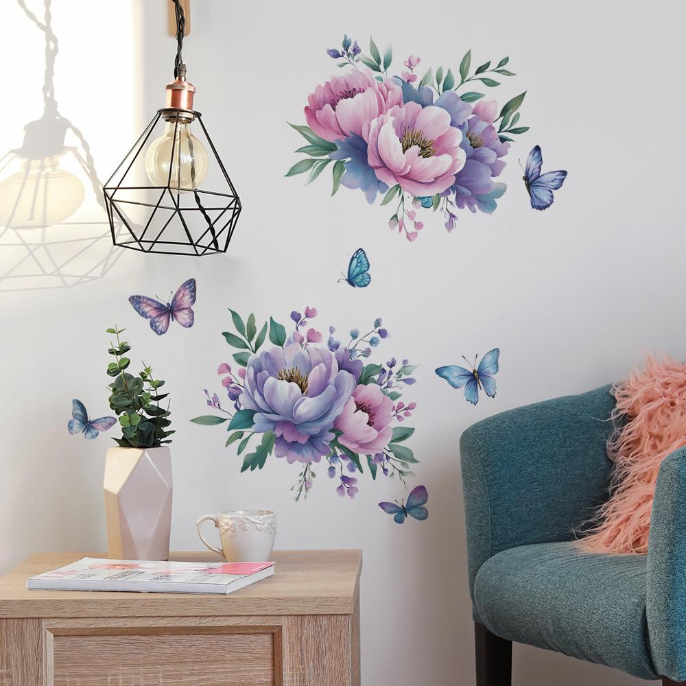 Akvarell Blommor Blad Fjäril Sovrum Vardagsrum Hem Väggbakgrund Landskapsarkitektur Dekoration Väggdekaler