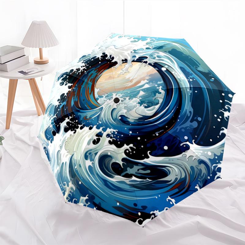 Ocean Wave design Perfect for Outdoor Activities Compact and Durable Automatic Folding Umbrella - Ideal Gift for Friends, Suit