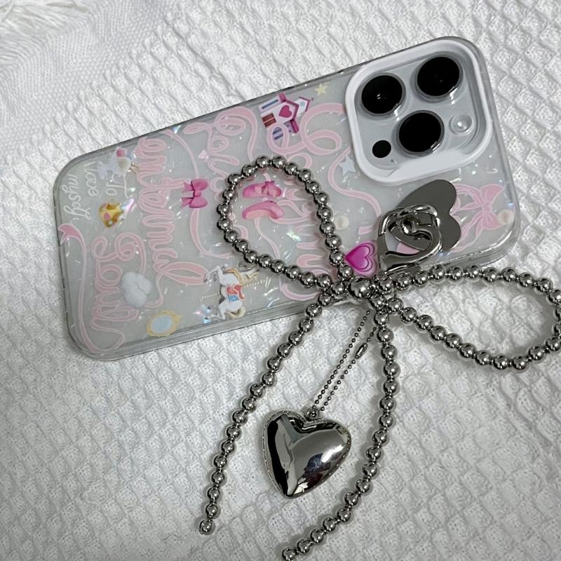 Bowknot Heart Pendant Keychain Beaded Phone Charm Detachable Bows Phone Lanyard Handmade Keyring Jewelry for Bag Purse