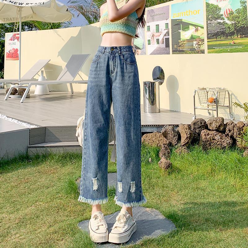 

Женские джинсы с высокой талией, рваные, с необработанным краем, прямого кроя - Большой размер, Слим-фит, Широкие штанины длиной девять пунктов, Тренд весна/лето. Extra Small темно-синий