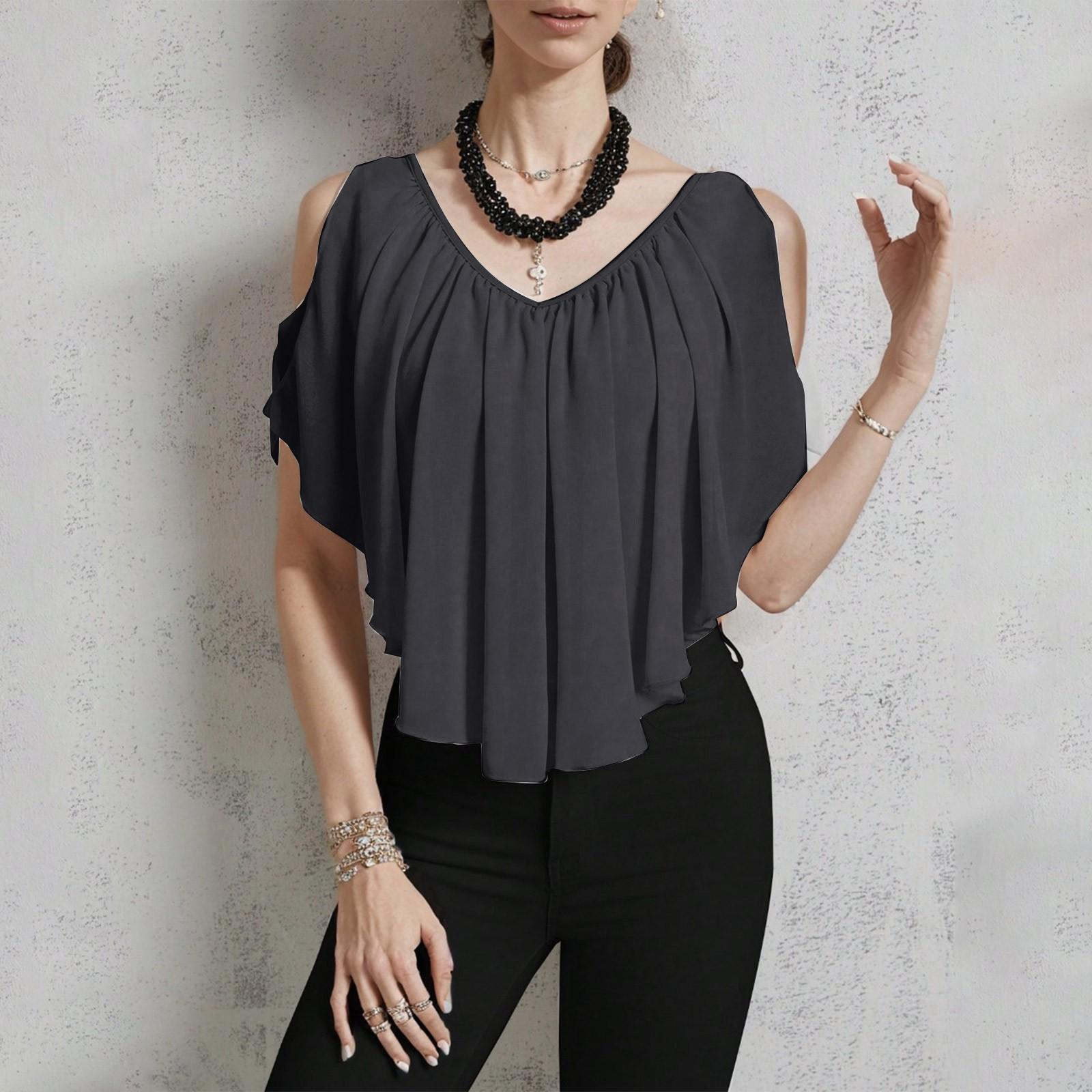 

Женская повседневная однотонная футболка с V-образным вырезом и открытыми плечами XL чёрный