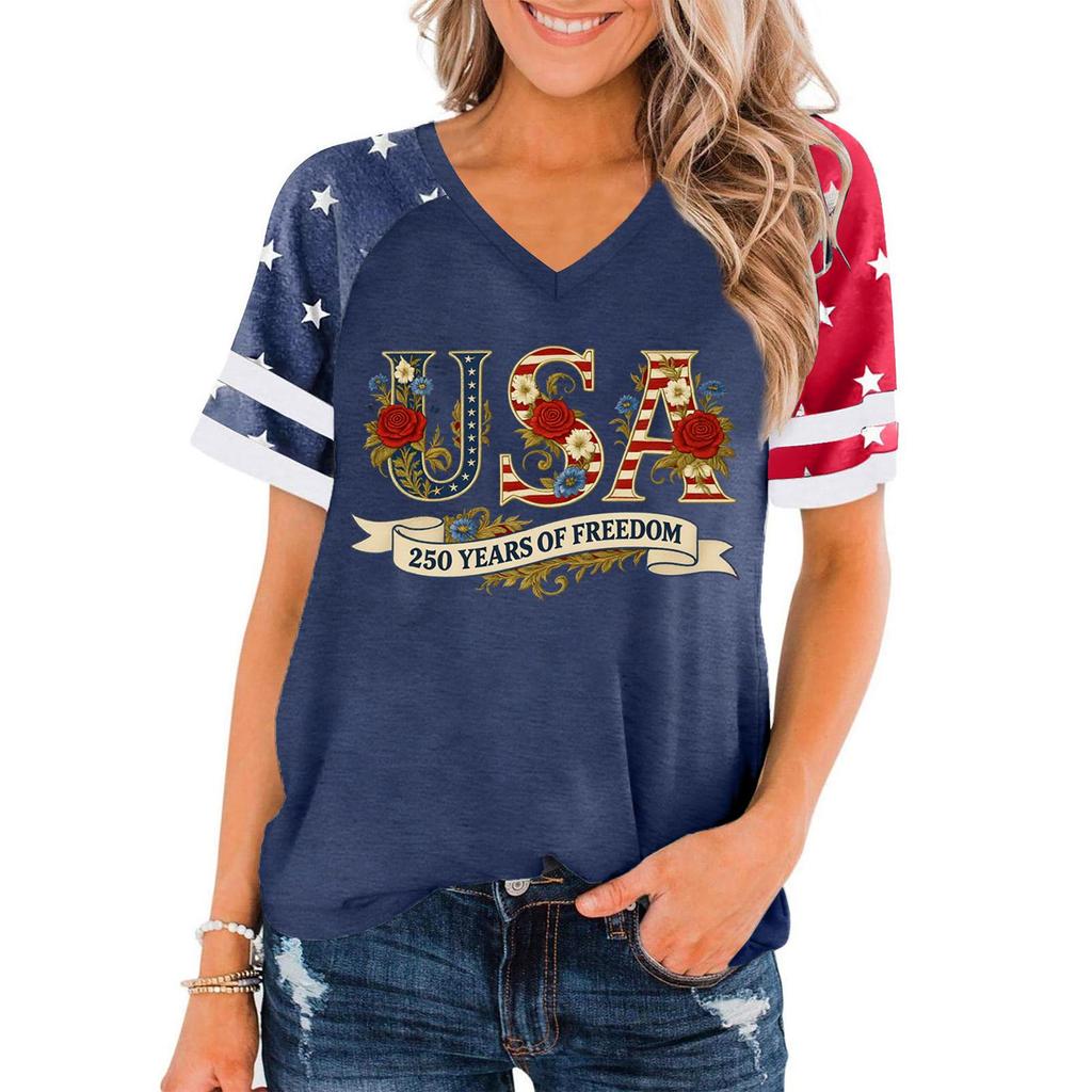 Women V Neck Short Sleeve Pullover T Shirt USA 250 Years Of Freedom Graphic Print Casual Top Patriotic Style