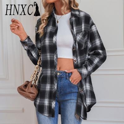 Women's Fashion Casual Summer Plaid Print Long Sleeve POLO-Neck Blouses & Shirts Cardigan
