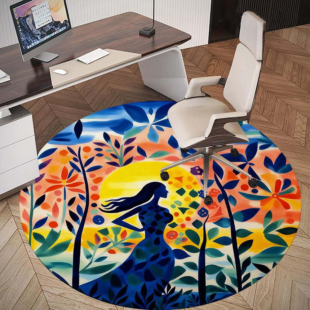 1pc Woman Forest Round Chair mat office Area Rug - Non-Slip, Floor Mat for Office, Bedroom, Ideal home decor gift p0105007