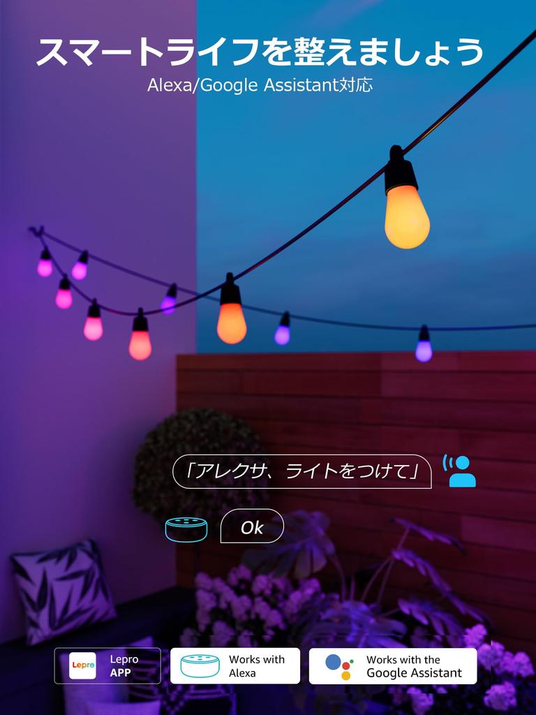 Lepro AI Illumination Light ZB1 Outdoor Bulb Color RGB Rainbow Color LED String Light 30 Bulbs Garden Music Smart Light Outlet Dimmable Fairy Lights