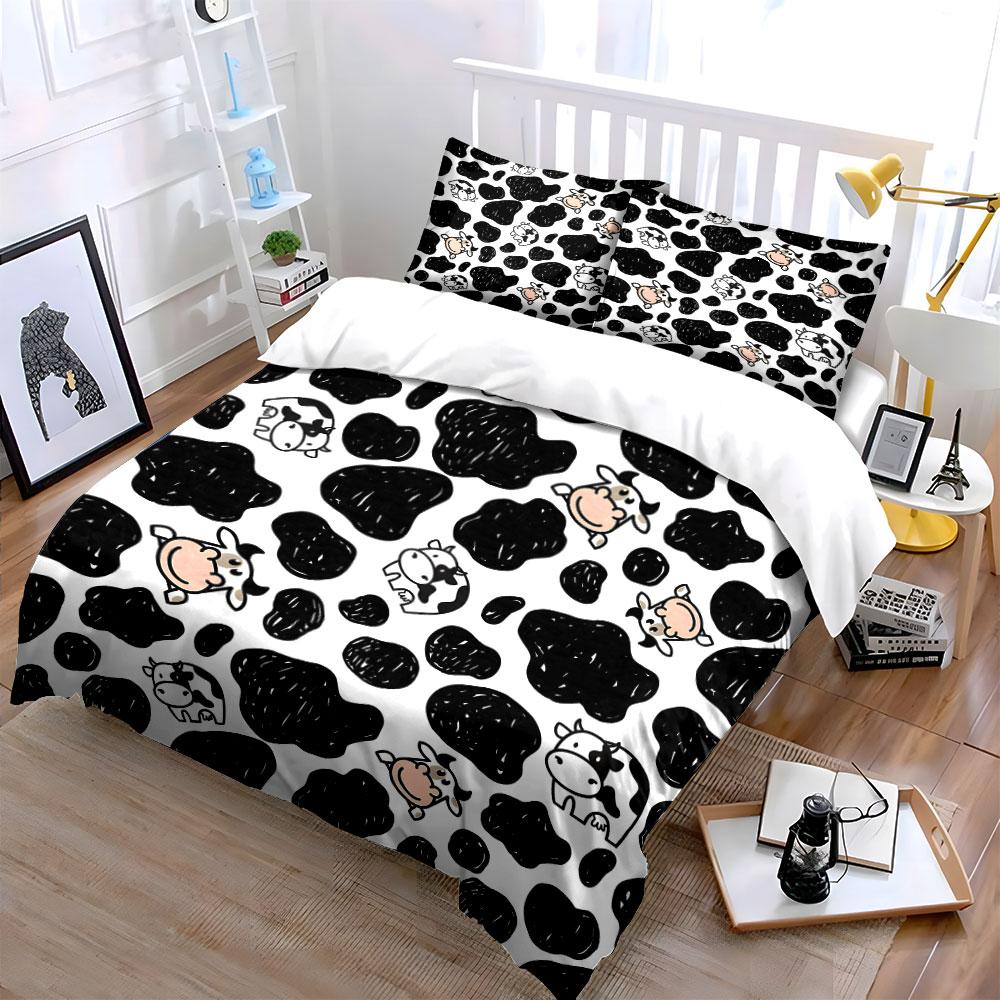Cartoon Cow Print Pattern Bedding Duvet Cover Set (1*Duvet Cover 2*Pillowcases, Without Duvet Insert)