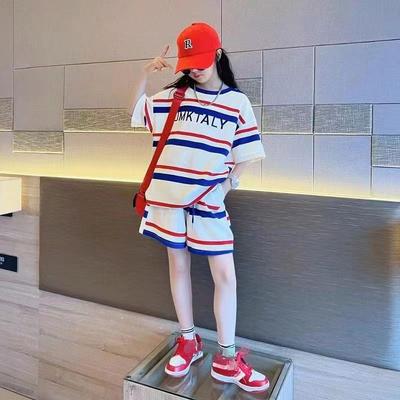 Girls' Summer Clothes, Children's Clothing, Striped Sports Suits, Big Boys and Girls, Loose Korean Sports Two-piece Suit