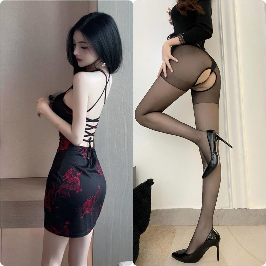 National Style Short Skirt Retro Sexy Cross Spice Girl Backless Printing Temperament Waist Slim and Thin Jumpsuit