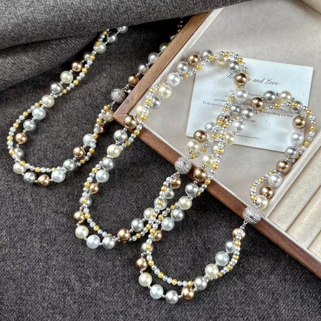 Strong Light Is Round High Quality Artificial Crystal Pearl Mixed Color Maillard Double-Layer Winding Necklace Collarbone Chain